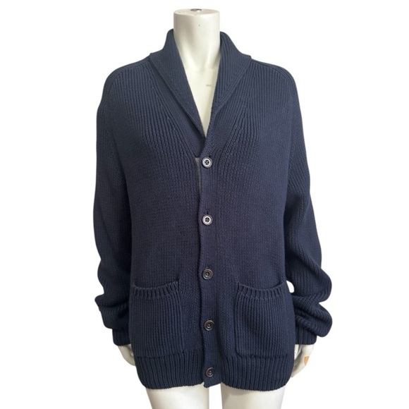 GAP navy shawl collar cardigan retro shaker stitch 100% chunky cotton mens small - Picture 1 of 12
